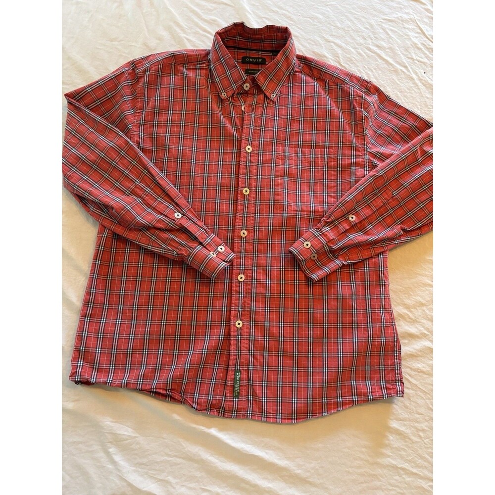 ORVIS Active Fit Heritage Wash 100% Cotton Red Plaid Long Sleeve Casual Shirt L - Picture 2 of 8